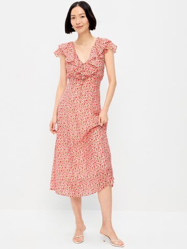 Old Navy Ruffle-Sleeve Fit & Flare Midi Dress - Red Ditsy in Saudi Arabia