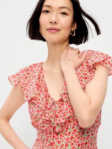Old Navy Ruffle-Sleeve Fit & Flare Midi Dress - Red Ditsy in Saudi Arabia