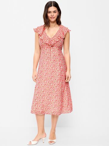 Old Navy Ruffle-Sleeve Fit & Flare Midi Dress - Red Ditsy in Saudi Arabia