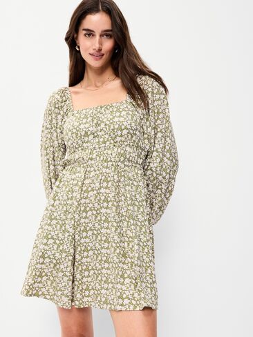 فستان قصير بأكمام طويلة ورقبة مربعة من Old Navy - زهور خضراء in Saudi Arabia