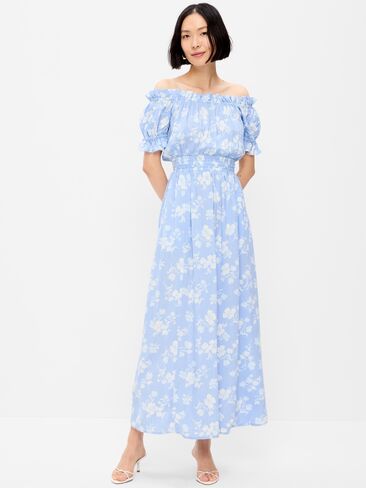 Old Navy Off-The-Shoulder Boho Maxi Dress - Blue Floral in Saudi Arabia