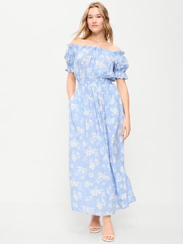 Old Navy Off-The-Shoulder Boho Maxi Dress - Blue Floral in Saudi Arabia