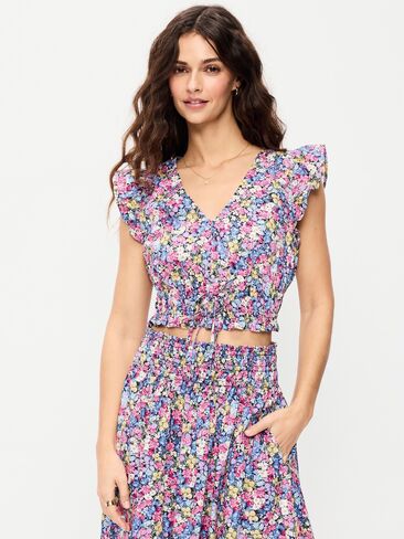 Old Navy Flutter-Sleeve Poplin Top - Pink Multi Floral in Saudi Arabia