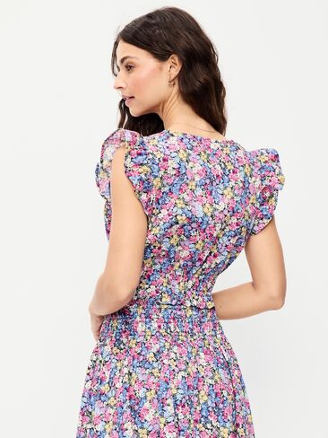 Old Navy Flutter-Sleeve Poplin Top - Pink Multi Floral in Saudi Arabia