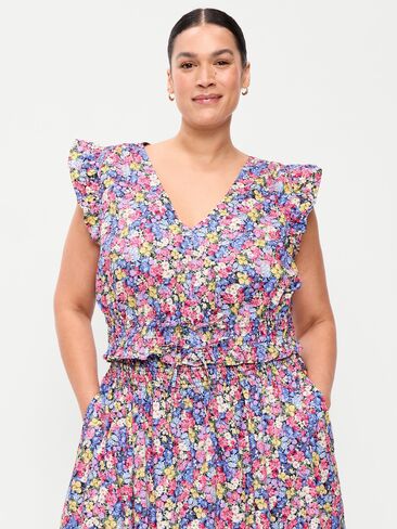 Old Navy Flutter-Sleeve Poplin Top - Pink Multi Floral in Saudi Arabia