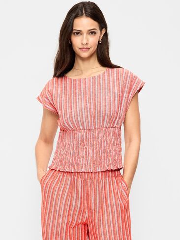 Old Navy Linen-Blend Short-Sleeve Smocked Top - Orange Stripe in Saudi Arabia