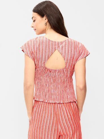 Old Navy Linen-Blend Short-Sleeve Smocked Top - Orange Stripe in Saudi Arabia