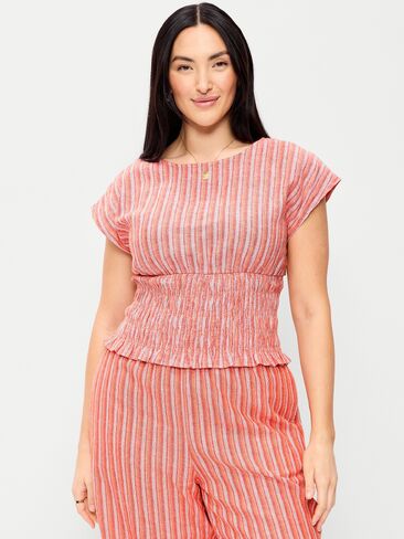 Old Navy Linen-Blend Short-Sleeve Smocked Top - Orange Stripe in Saudi Arabia