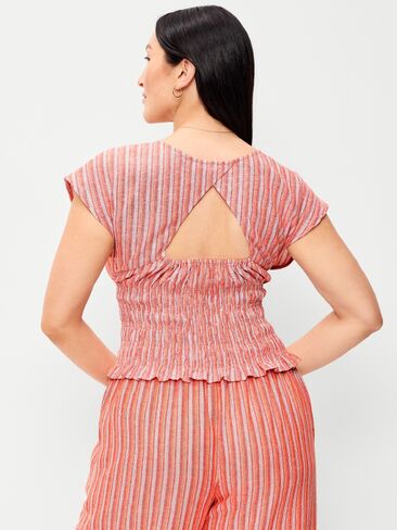 Old Navy Linen-Blend Short-Sleeve Smocked Top - Orange Stripe in Saudi Arabia