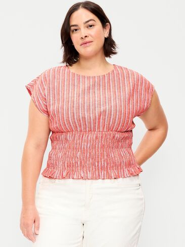 Old Navy Linen-Blend Short-Sleeve Smocked Top - Orange Stripe in Saudi Arabia