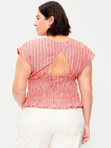 Old Navy Linen-Blend Short-Sleeve Smocked Top - Orange Stripe in Saudi Arabia