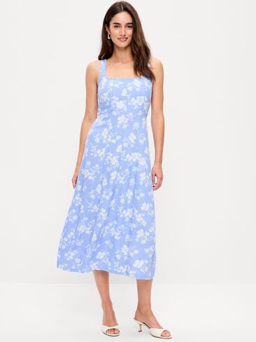 فستان Old Navy Fit & Flare متوسط ​​الطول من مزيج الكتان بدون أكمام - زهور زرقاء in Saudi Arabia