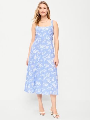 فستان Old Navy Fit & Flare متوسط ​​الطول من مزيج الكتان بدون أكمام - زهور زرقاء in Saudi Arabia
