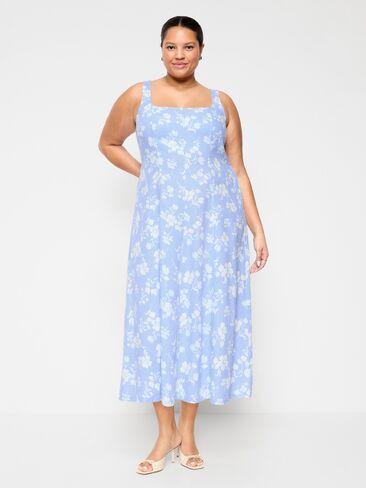 فستان Old Navy Fit & Flare متوسط ​​الطول من مزيج الكتان بدون أكمام - زهور زرقاء in Saudi Arabia