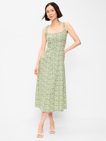 فستان Old Navy Fit & Flare متوسط ​​الطول من مزيج الكتان بدون أكمام - زهور خضراء in Saudi Arabia