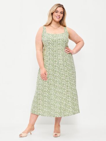 فستان Old Navy Fit & Flare متوسط ​​الطول من مزيج الكتان بدون أكمام - زهور خضراء in Saudi Arabia