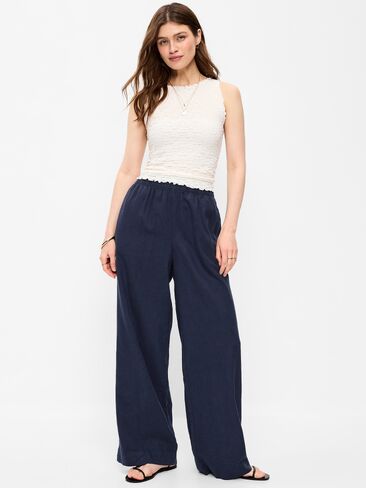 بنطال Old Navy عالي الخصر مصنوع من مزيج الكتان وواسع الساق - Lost at Sea Navy in Saudi Arabia