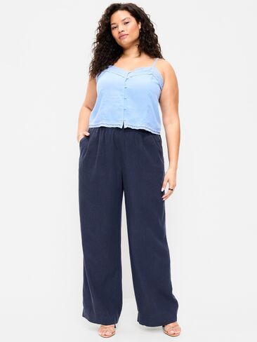 بنطال Old Navy عالي الخصر مصنوع من مزيج الكتان وواسع الساق - Lost at Sea Navy in Saudi Arabia