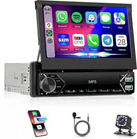 Rimoody Car Stereo Single Din Touchscreen CARPLAY, 7 Inch Flip Out Car Radio 1 DIN with Bluetooth FM Radio Mirror Link for Android/iOS Phone Support TF/USB + Rear View Camera in Saudi Arabia