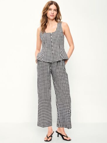 بنطلون من مزيج الكتان عالي الخصر من Old Navy - مربعات باللون الأزرق الداكن in Saudi Arabia