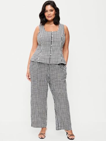 بنطلون من مزيج الكتان عالي الخصر من Old Navy - مربعات باللون الأزرق الداكن in Saudi Arabia
