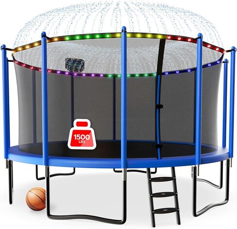 LHX 8 10 12 14 15 16FT Tranpoline خارجي 1500 رطل مع طوق كرة السلة، Tranpoline كبير شديد التحمل للأطفال والكبار مع ضوء ورشاش، معتمد من ASTM وسهل التركيب، الفناء الخلفي in Saudi Arabia