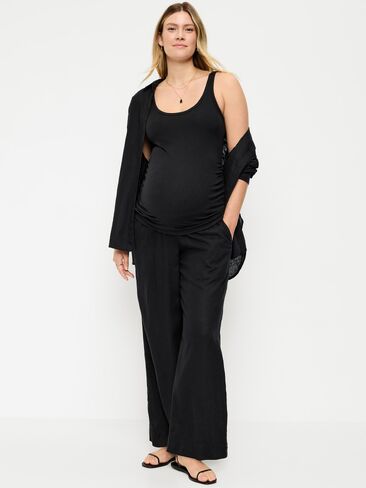 Old Navy Maternity Rollover Waist Linen-Blend Super Wide-Leg Pants - Black Jack in Saudi Arabia