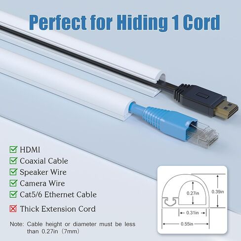 Soft Wall Cord Hider 118in, Half Round PVC Cord Covers for Wires on Wall, Small Cable Hider, Self-Adhesive Wire Covers for Cords on Wall/Floor, Wall Cord Concealer for Home/Office, 0.6inW 0.4inH White in Saudi Arabia