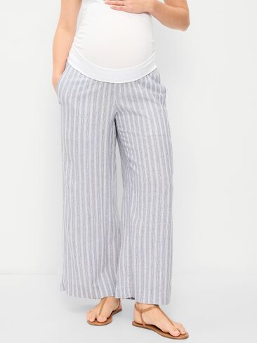 بنطلون واسع الساق من مزيج الكتان من Old Navy للحوامل - خطوط متعددة باللون الأزرق in Saudi Arabia