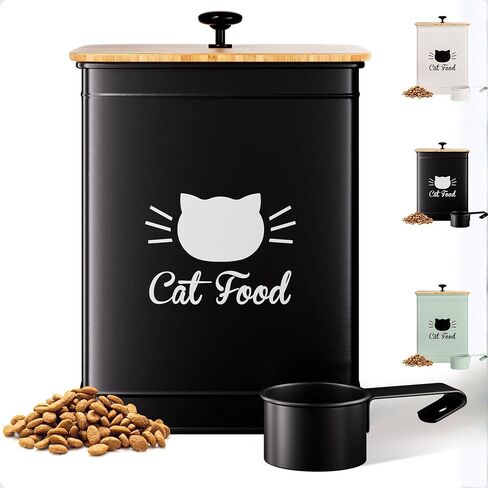 Cat Food Storage Container with Scoop - 25 Cup Capacity White Cat Food Container with Airtight Bamboo Lid - Metal Cat Food Bin - Cat Food Holder Storage - Pet Food Storage Container - Kibble Container in Kuwait