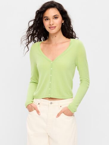 Old Navy Merino Wool-Blend Sheer Cropped V-Neck Cardigan - Coriander in Saudi Arabia