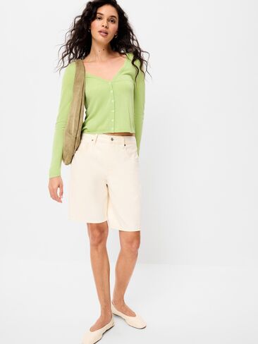 Old Navy Merino Wool-Blend Sheer Cropped V-Neck Cardigan - Coriander in Saudi Arabia