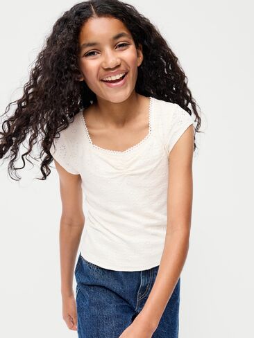 Old Navy Short-Sleeve Eyelet-Knit Top for Girls - Sea Salt in Saudi Arabia
