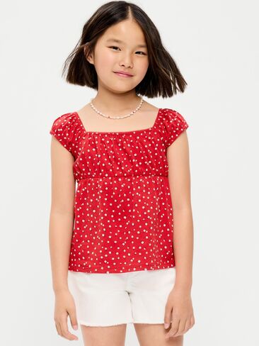 بلوزة مطبوعة بأكمام قصيرة وأطراف صدفية للبنات من Old Navy - زهور حمراء in Saudi Arabia