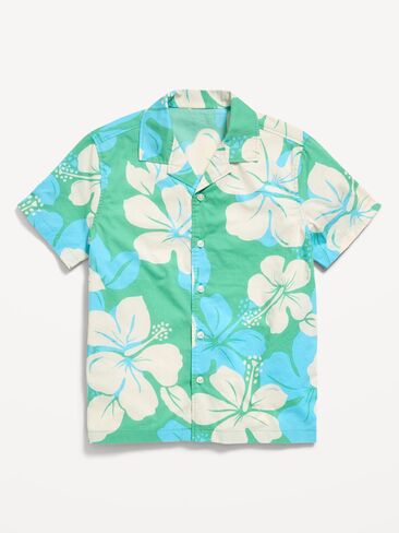 Old Navy Printed Short-Sleeve Poplin Shirt for Boys - Turquoise Hibiscus in Saudi Arabia