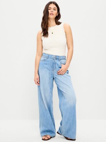 Old Navy High-Waisted Drapey Wide-Leg Jeans - Light Wash in Saudi Arabia