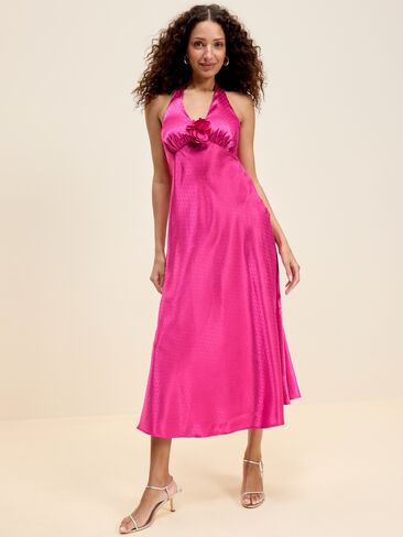 Old Navy The Occasion by Old Navy Fit and Flare Satin Halter Midi Dress - Dragonfruit in Saudi Arabia