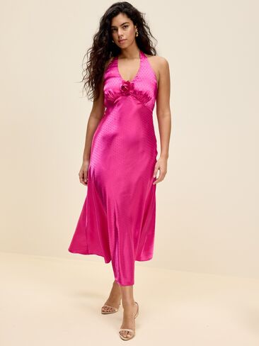 Old Navy The Occasion by Old Navy Fit and Flare Satin Halter Midi Dress - Dragonfruit in Saudi Arabia