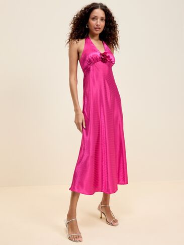 Old Navy The Occasion by Old Navy Fit and Flare Satin Halter Midi Dress - Dragonfruit in Saudi Arabia