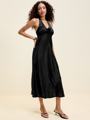 فستان Old Navy The Exception من Old Navy Fit and Flare Satin هالتر متوسط ​​الطول - بلاك جاك in Saudi Arabia
