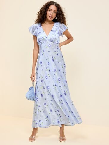 Old Navy The Occasion by Old Navy Satin Flutter-Sleeve Maxi Dress - Blue Floral in Saudi Arabia