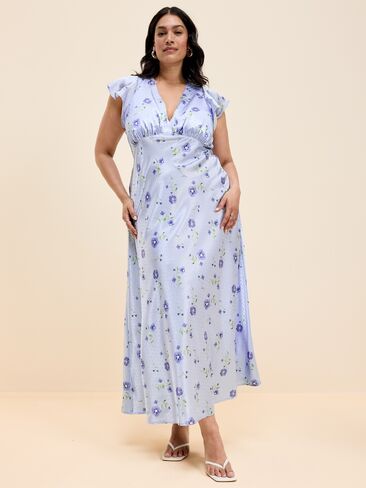 Old Navy The Occasion by Old Navy Satin Flutter-Sleeve Maxi Dress - Blue Floral in Saudi Arabia