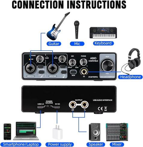 Depusheng USB Audio Interface with ASIO Drivers, 24Bit 192Khz, Phantom Power +48v, Low Latency for Home Studio Recording, PC/MAC Compatible (4 CHANNEL) in Saudi Arabia