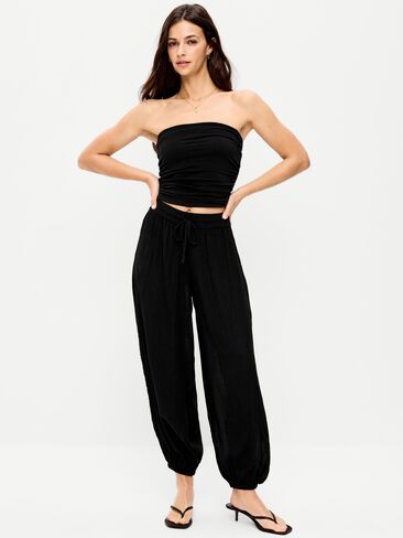 بنطال Old Navy ذو خصر عالي وشفاف من الكريب المجعد - بلاك جاك in Saudi Arabia