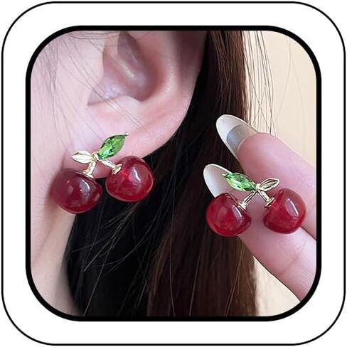 Charming Red Crystal Cherry Fruit Earrings for Women Vintage, Lovely Statement Cherries Gold Leaf Drop Dangly Earring Y2K Aesthetic Party Jewelry Gift in Saudi Arabia