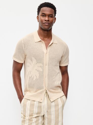 Old Navy Short-Sleeve Open-Knit Sweater Shirt - White Palm Print in Kuwait