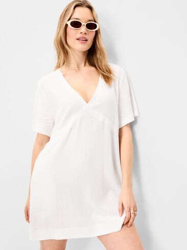 Old Navy Short-Sleeve Linen-Blend Mini Shift Dress - Calla Lily White in Saudi Arabia