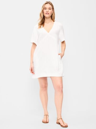 Old Navy Short-Sleeve Linen-Blend Mini Shift Dress - Calla Lily White in Saudi Arabia