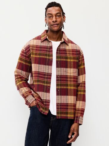 Old Navy Loose Fit Textured Plaid Pocket Shirt - Burgundy Plaid in Kuwait