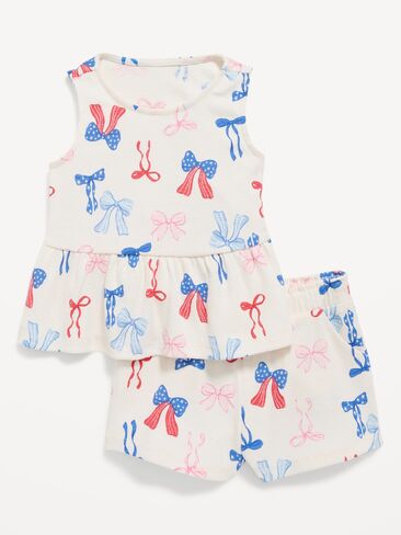طقم بلوزة وشورت بيبلوم بدون أكمام مطبوع من Old Navy للفتيات الصغيرات - فيونكات in Kuwait